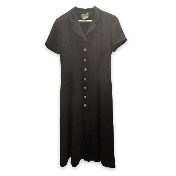 Vintage Desiree Womans Black Button Down Short Sleeve Collared V Neck Midi Dress - Picture 2 of 10